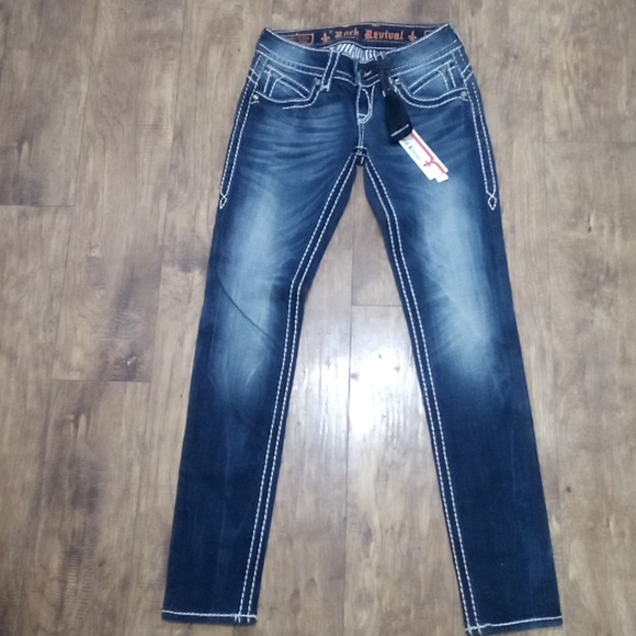 Rock Revival Blue Denim Jeans Skinny Bejeweled Rhinestones Distressed NWT - Picture 4 of 13